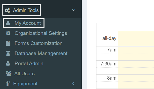 Side navigation menu is shown. Admin Tools and My Account menu items are highlighted.