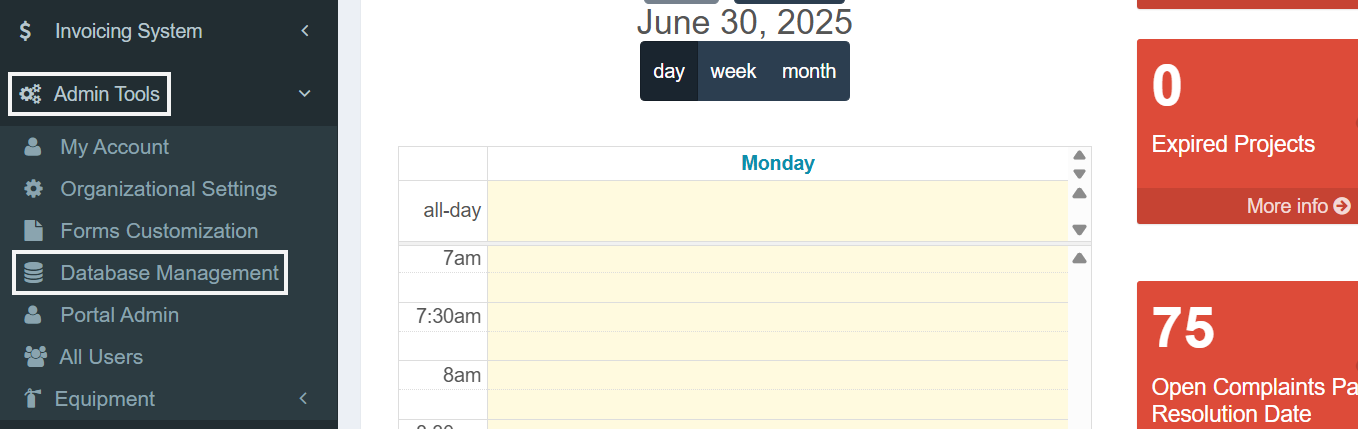 Side navigation menu is shown. Admin Tools and Database Management menu items are highlighted.
