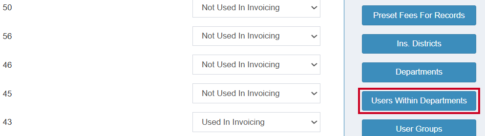 A list of entries with dropdowns is shown. A vertical menu of blue buttons is present, and the Users Within Departments button is highlighted.