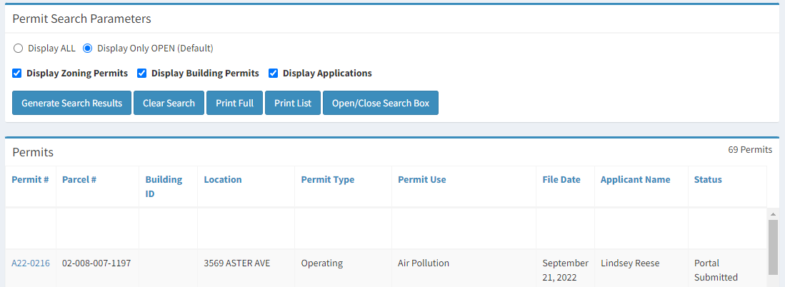 Permitting list screen.