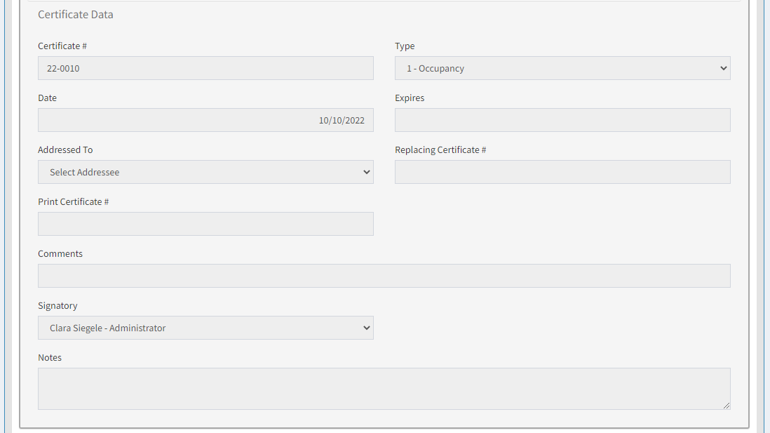 certificate data