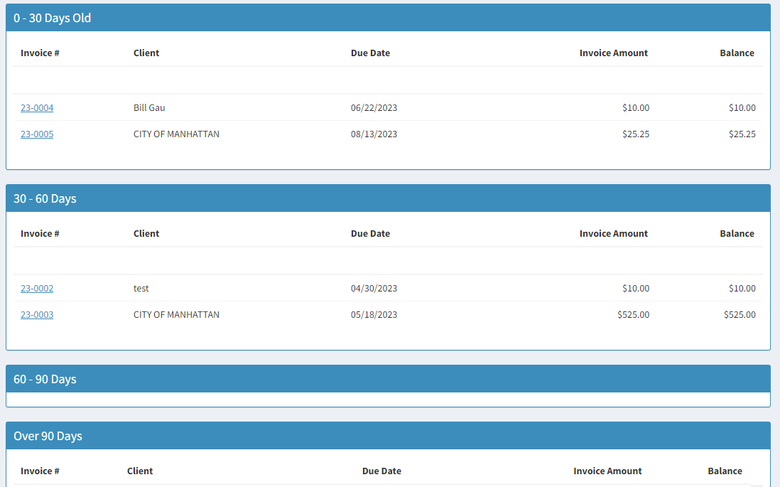 unpaid invoices screen.