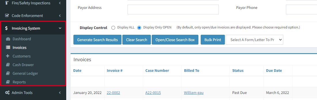invoicing system menu in left navigation.