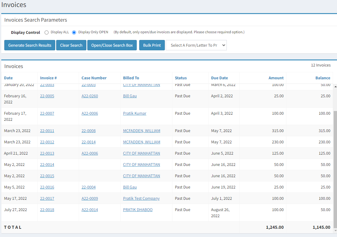 invoices screen.