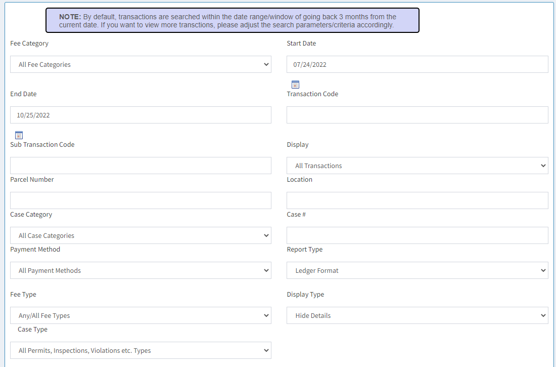 fee transaction search parameters.