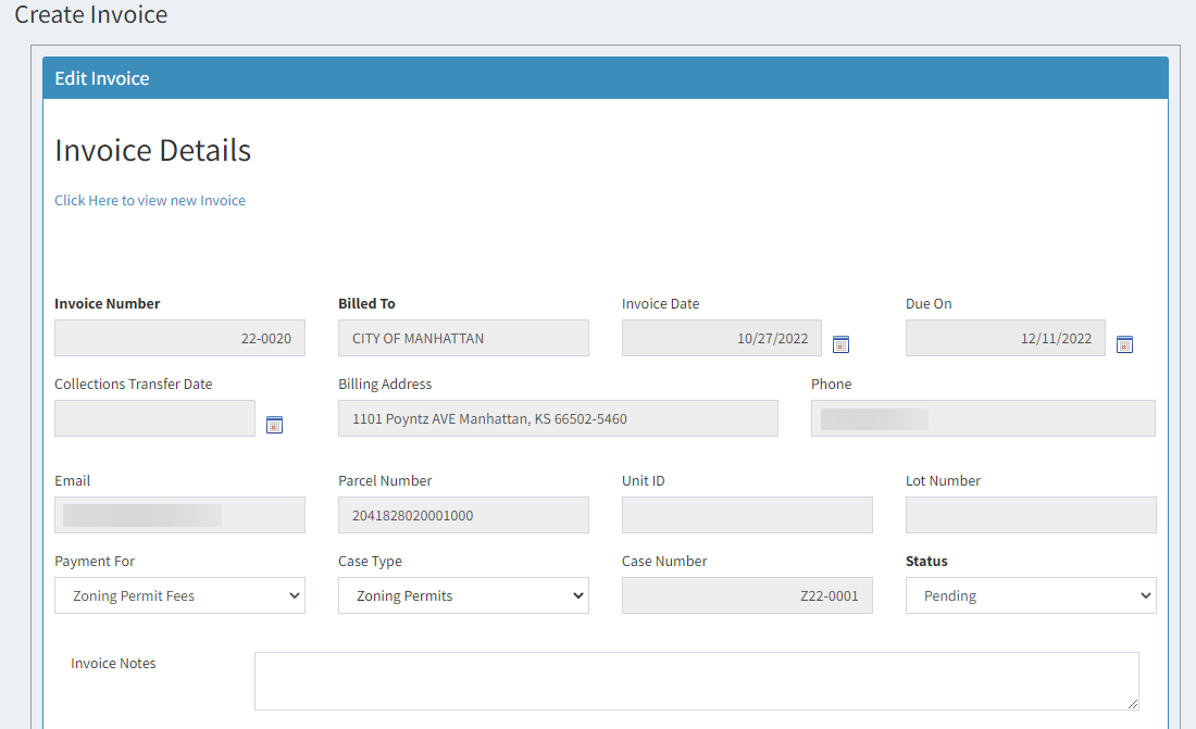 Invoice details.