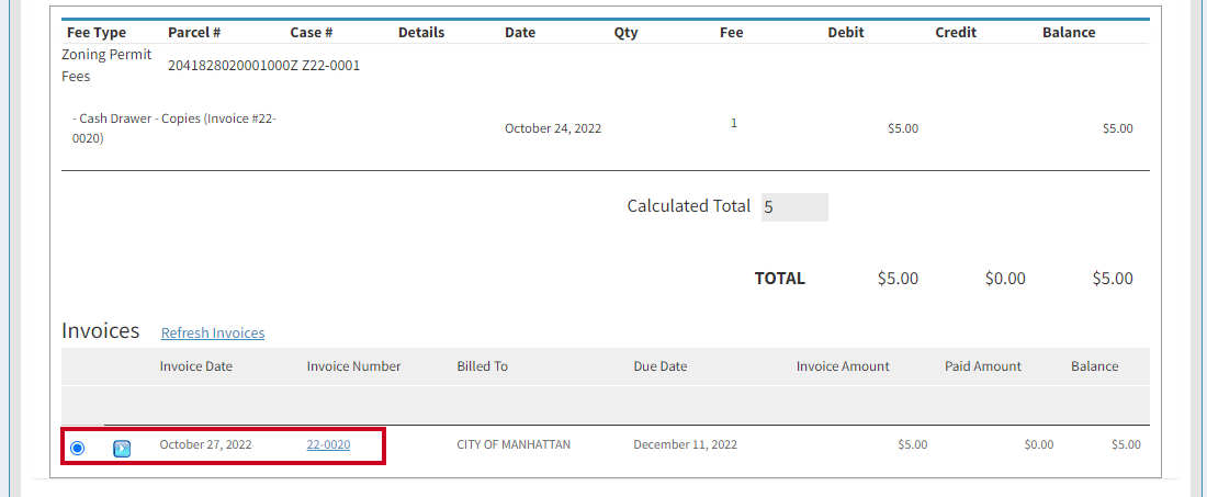 Invoice on Fees tab.