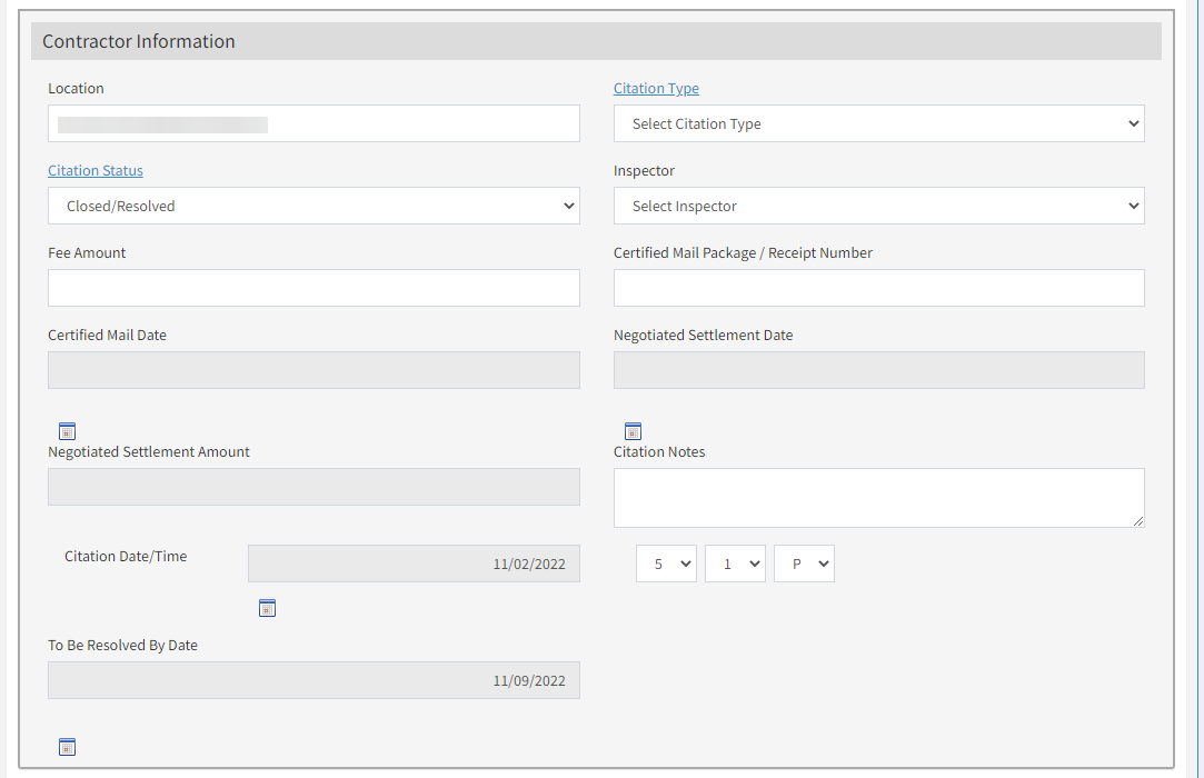 The text entry fields under the Contractor Information header.