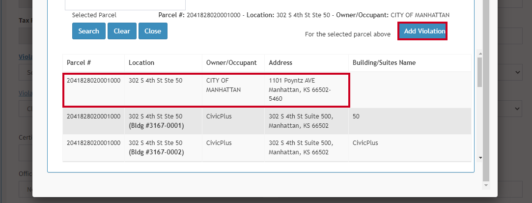 A parcel in the table, and the Add Violation button above the column labeled Building / Suites Name.