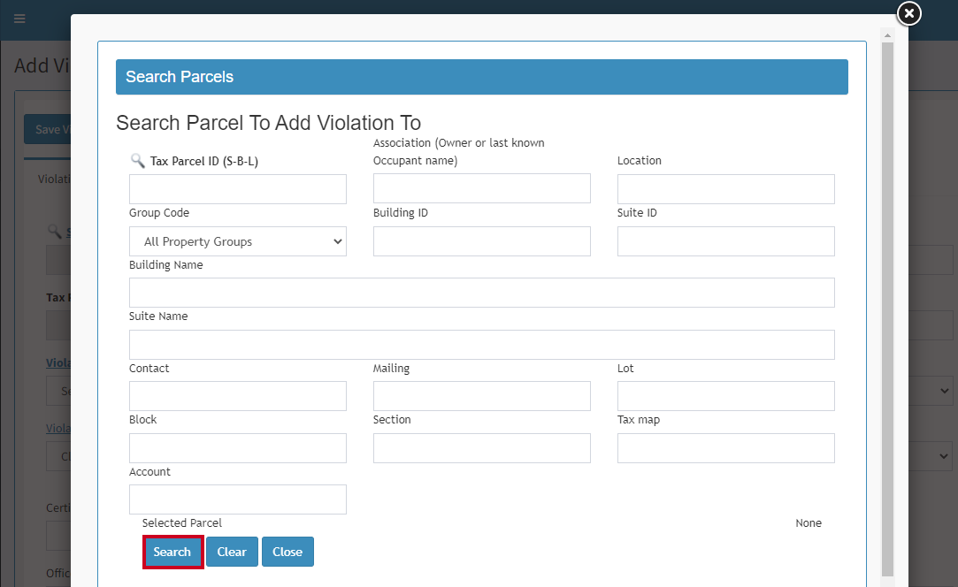 The text entry fields under the Search Parcels header ad the button labeled Search.