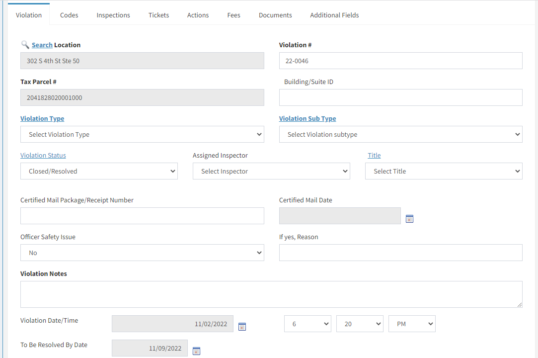 The text entry fields in the tab labeled Violation.