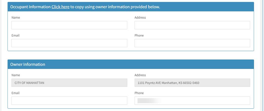 The text entry fields under the Occupant Information header and Owner Information header.