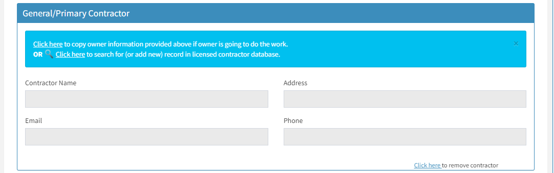 The text entry fields under the General / Primary Contractor header.