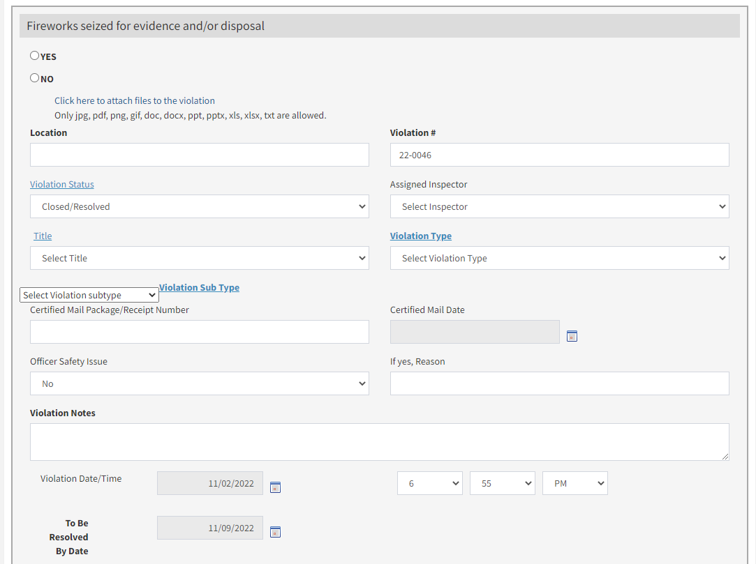 The options and text entry fields under the violation header.