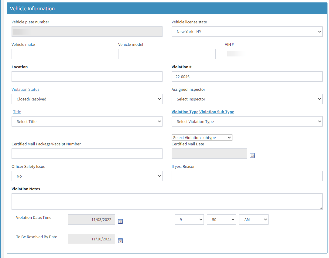 The drop-down menus and text entry fields under the Vehicle Information header.